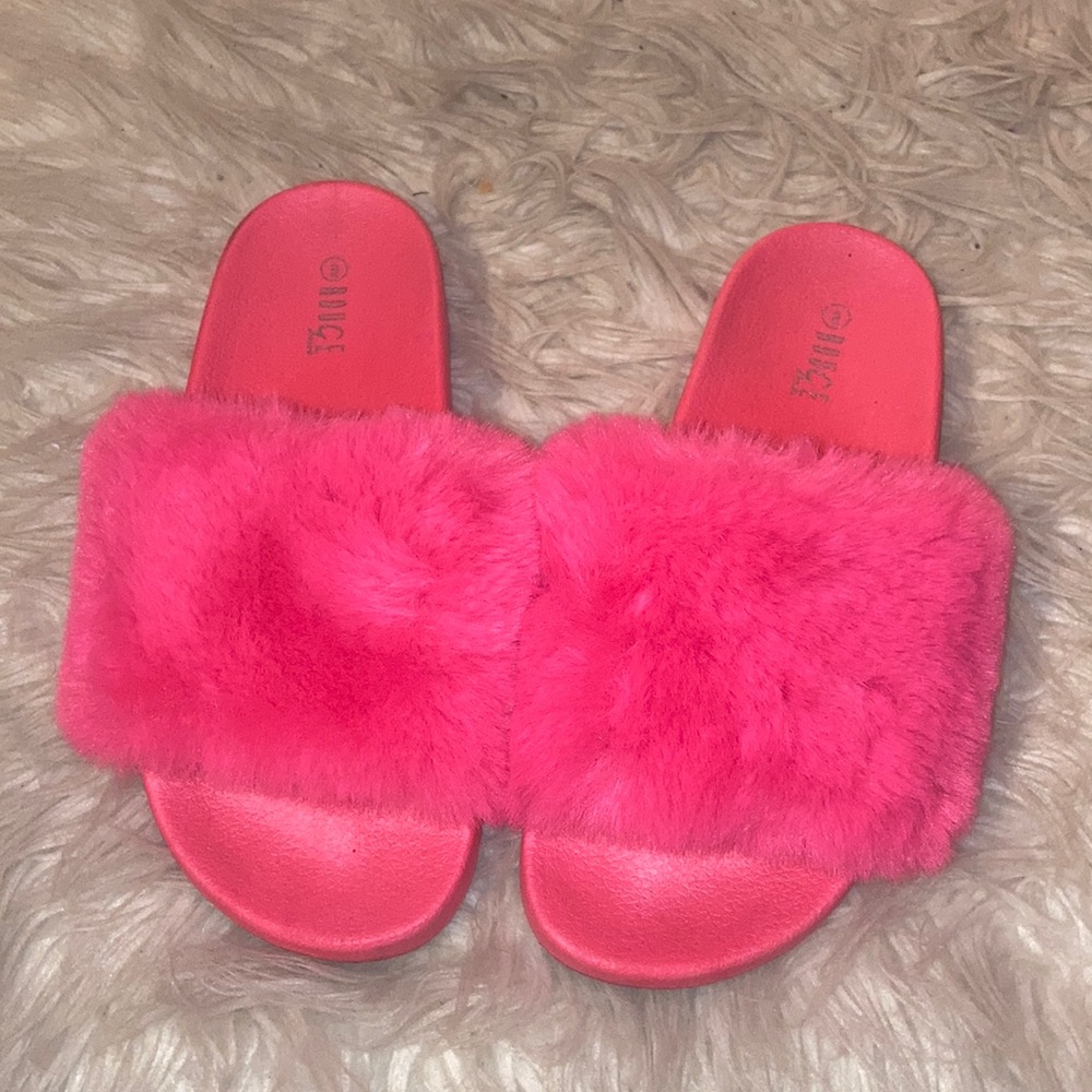 Pink fuzzy slides
